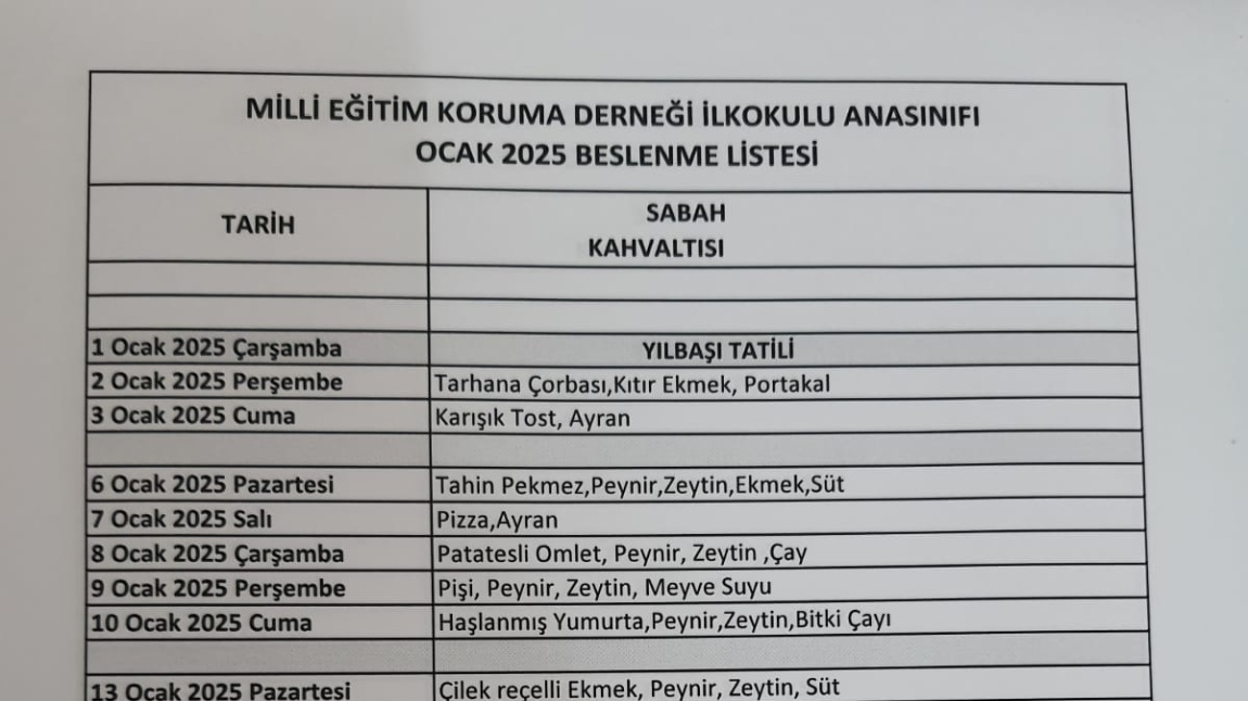 ANA SINIFI YEMEK LİSTESİ (OCAK 2025)